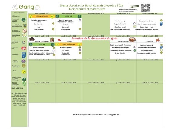 Menus de la cantine scolaire